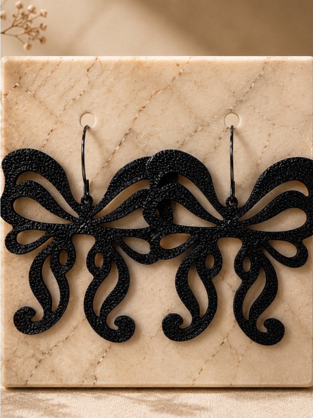 Black Filigree Bow Drop Earrings